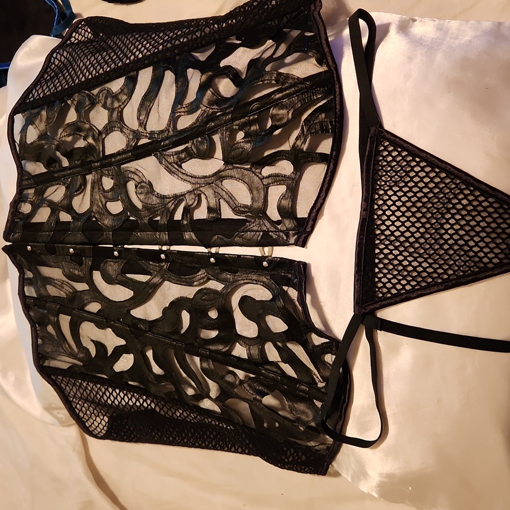 Black Leather & Net Mesh Over Breast Corset with Panty